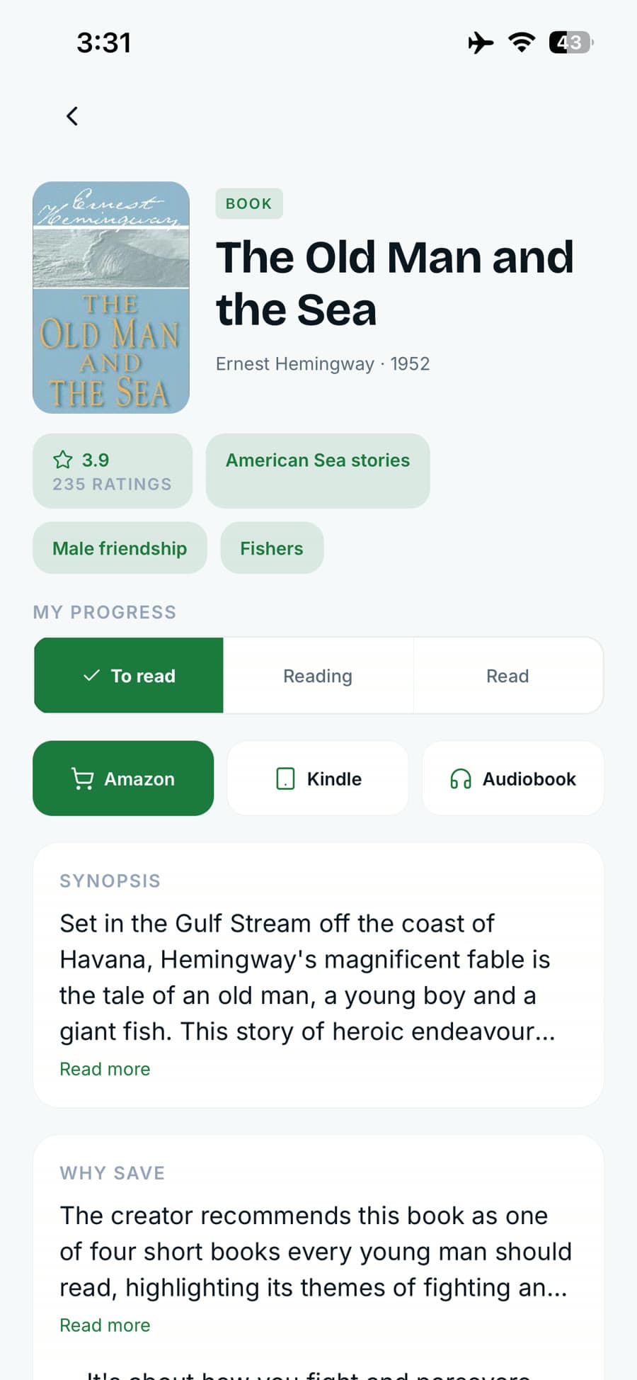 A book in Recola — The Old Man and the Sea with Amazon, Kindle and audiobook links