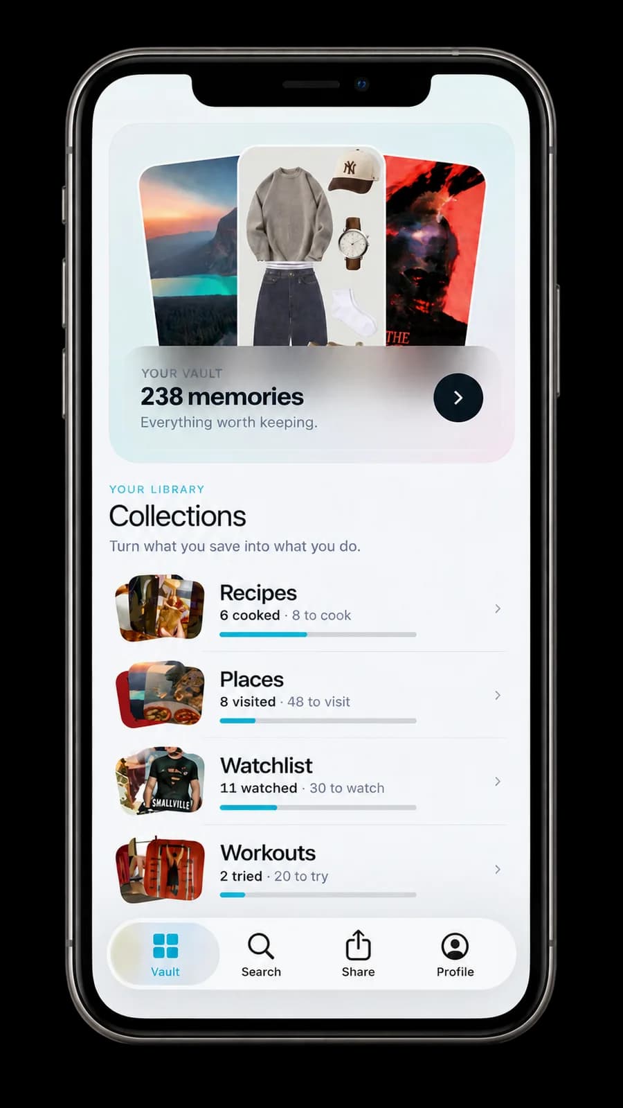 Recola on an iPhone: the vault of recent saves and the collections list with recipes, places, watchlist and workouts