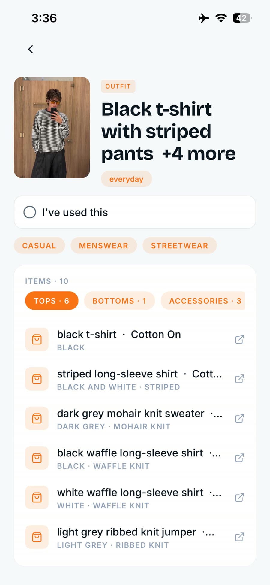 A saved outfit in Recola, itemized into ten shoppable pieces — each garment linking out to its retailer