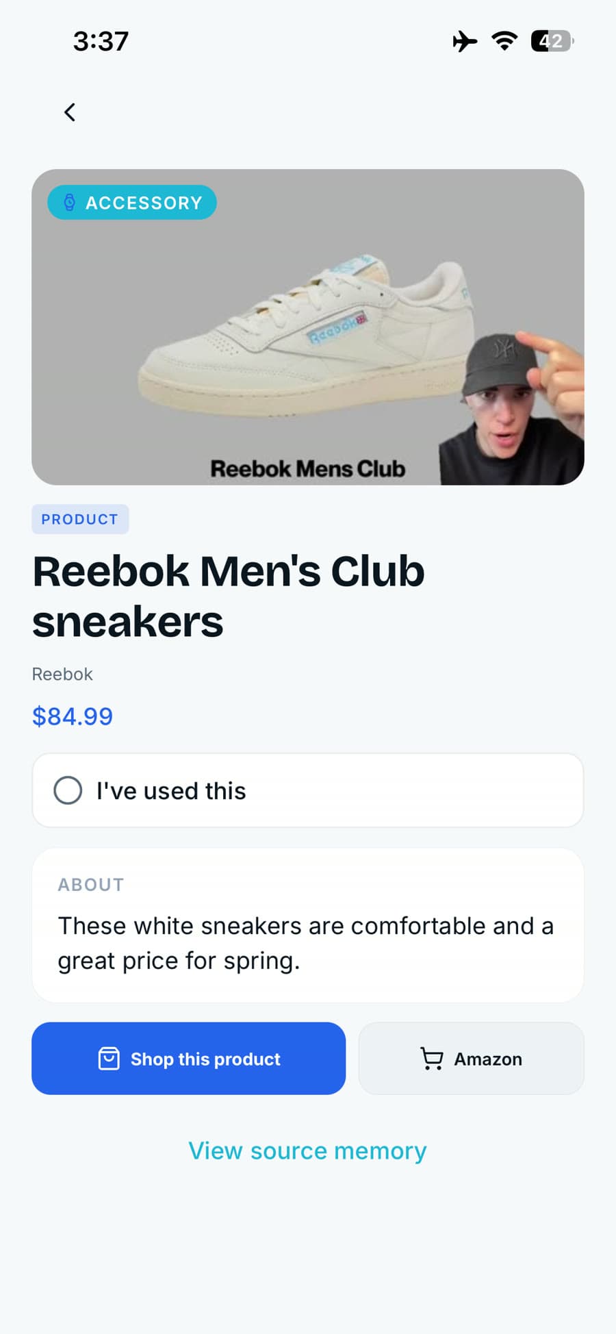 A saved product in Recola — Reebok Men's Club sneakers with a Shop this product button and an Amazon link