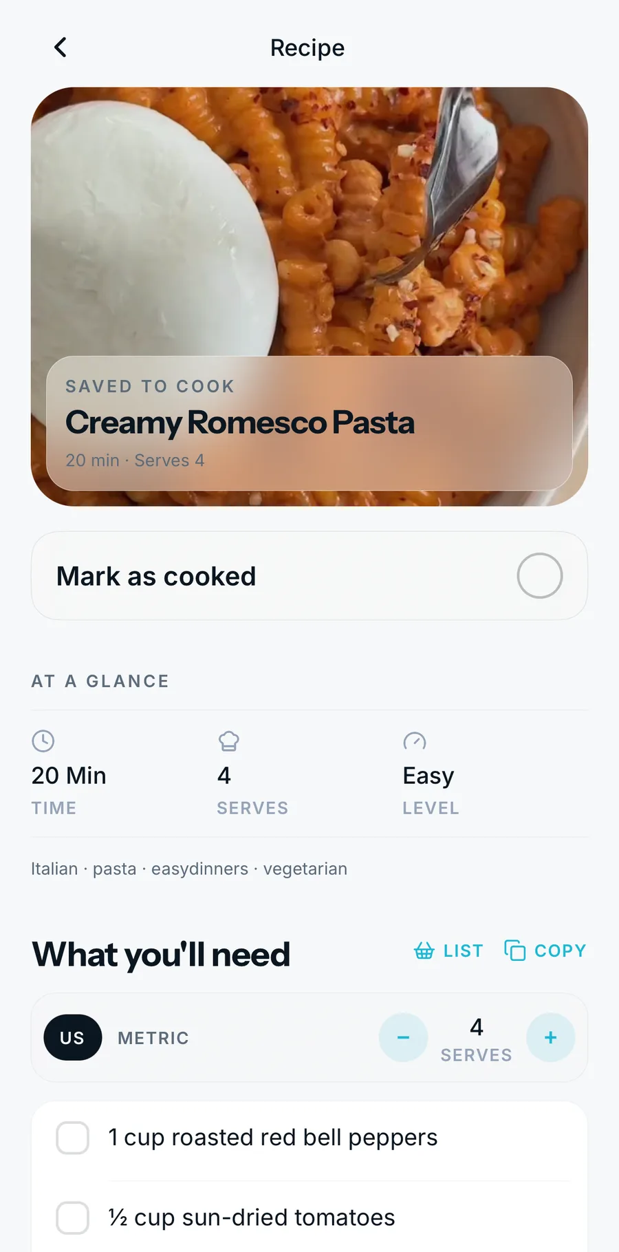 A saved recipe in Recola with its ingredients and steps pulled out of the video